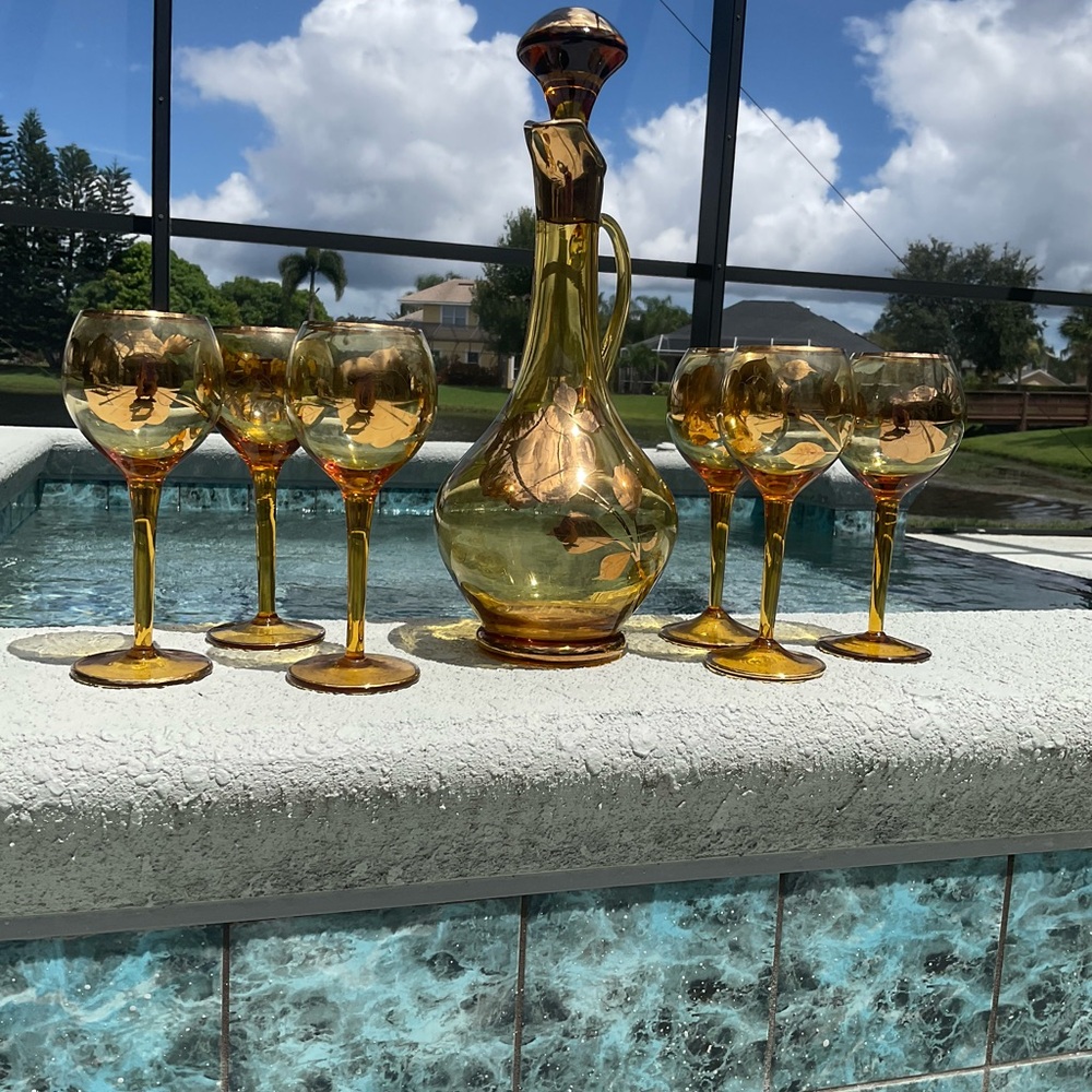 MOSER Amber Glass Gold Rose Carafe set